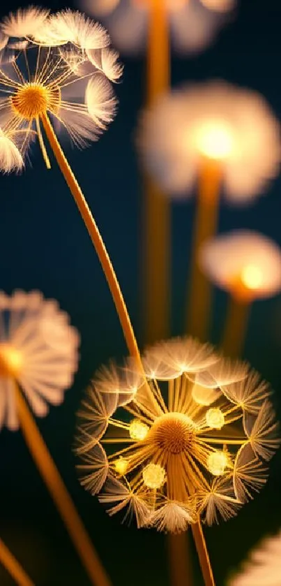 Glowing dandelions with dark blue background in artistic mobile wallpaper.