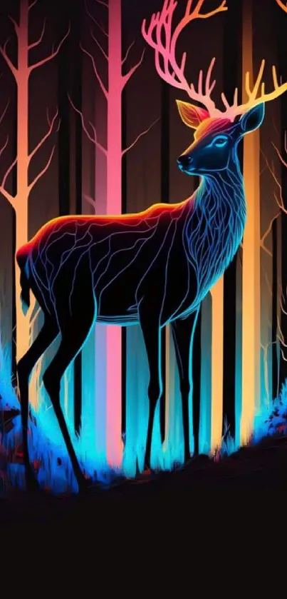 Neon deer with glowing antlers in vibrant forest.