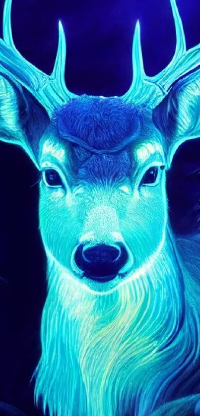 A neon depiction of a glowing deer in electric blue hues.