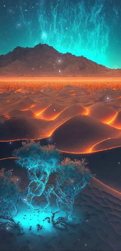 Surreal desert nightscape with glowing blue and orange hues for mobile wallpaper.