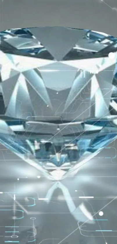 Glowing diamond with digital overlay on a light blue gradient background.