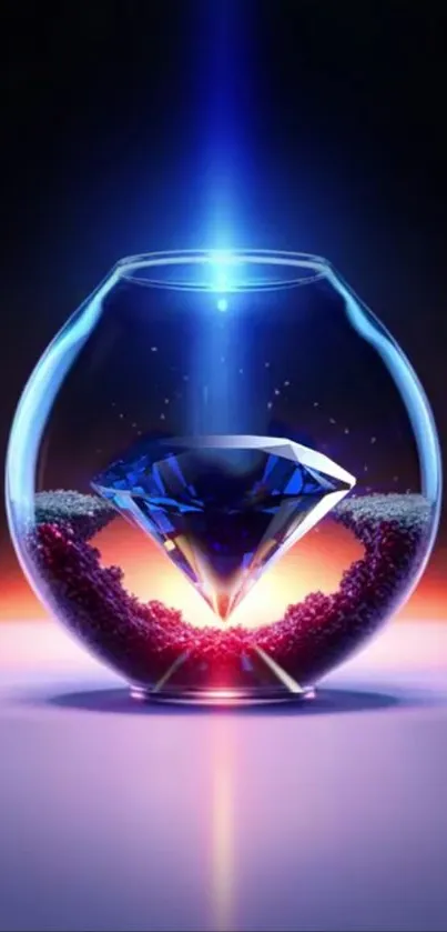 Blue diamond inside a crystal sphere on a glowing background.