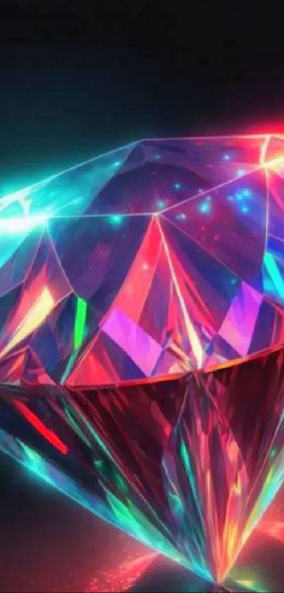 Colorful glowing diamond with vibrant hues on dark background.