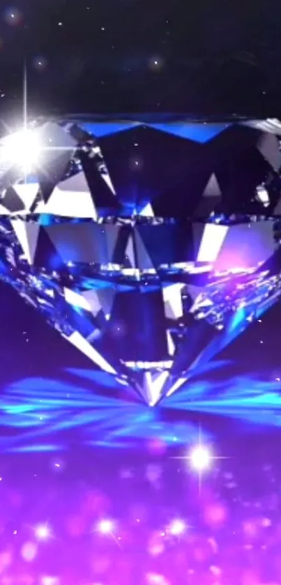 Shimmering diamond on purple and blue glowing background.