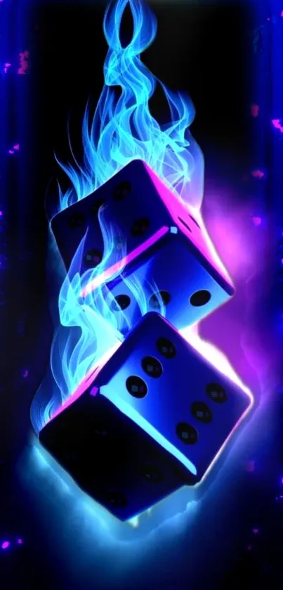 Vibrant glowing dice with blue flames on a dark background.