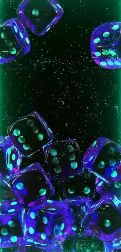 Abstract neon wallpaper with glowing blue dice and cosmic green background.