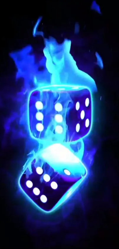 Glowing blue dice surrounded by blue flames on a black background.