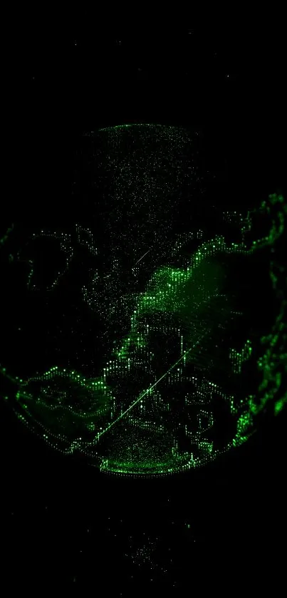 Green glowing digital earth on black background wallpaper.