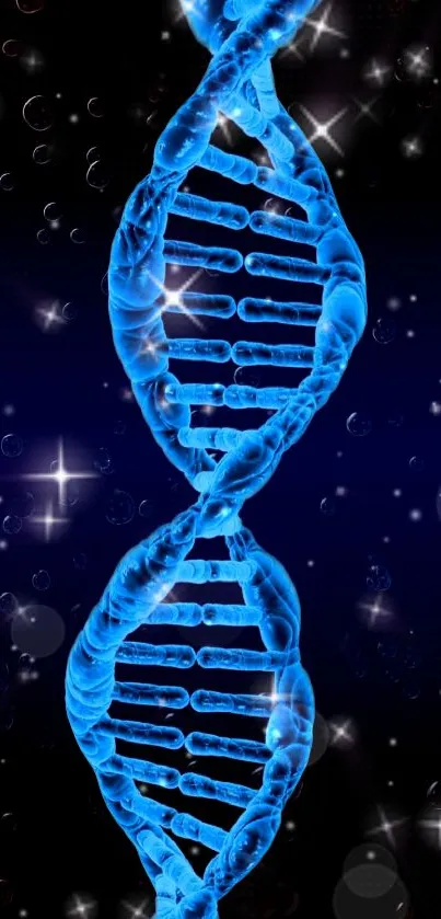 Glowing blue DNA helix on a dark starry background.