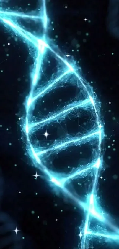 Electric blue glowing DNA strand wallpaper for mobile.