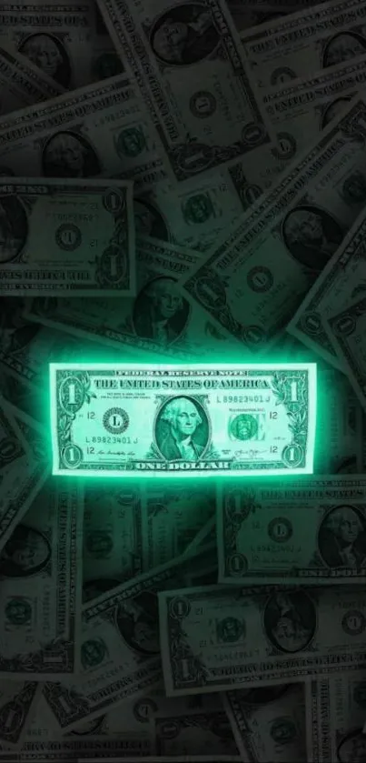 Glowing dollar bill on dark background wallpaper.