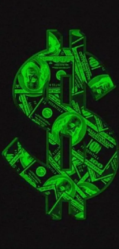 Green glowing dollar sign with money details on dark background.