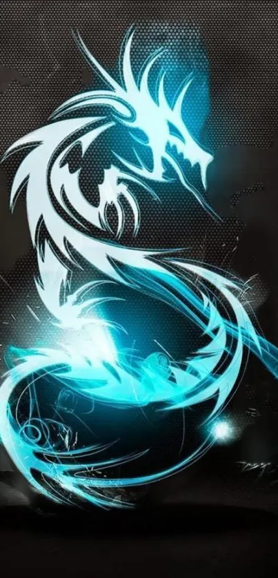 Neon blue dragon artwork on black background.