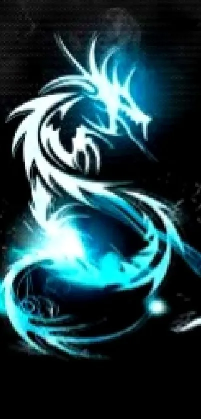 Illustration of a glowing dragon with neon blue accents on a dark background.