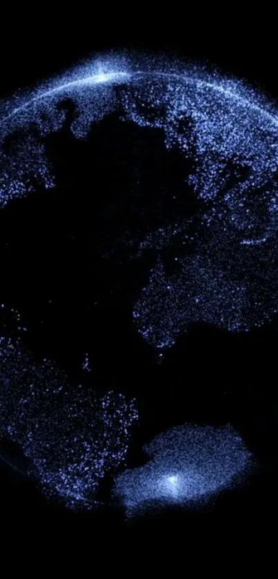 Blue luminous Earth view with digital glow on dark background.