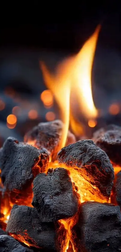 Close-up of glowing embers with a flickering flame.