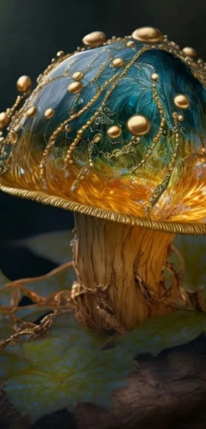 A vibrant glowing mushroom with golden and turquoise hues in a mystical forest setting.