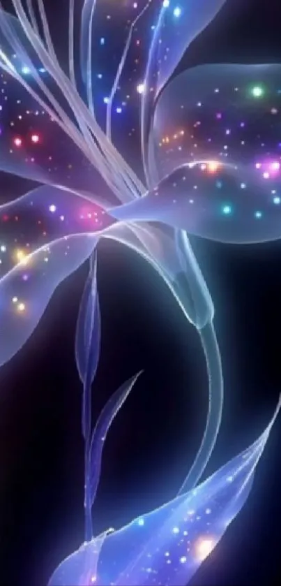 Glowing fantasy flower with colorful lights on a dark background.