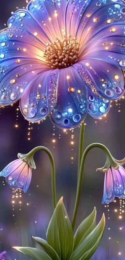Glowing fantasy flower with sparkling petals in a magical setting.