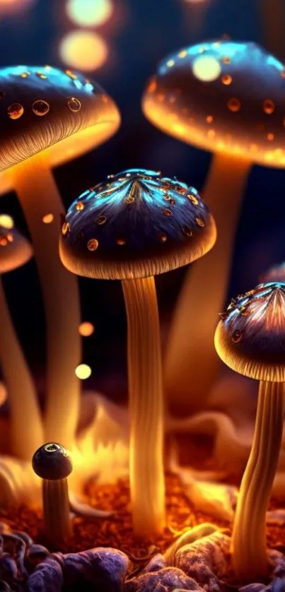 Magical glowing mushrooms in a mystical forest setting.