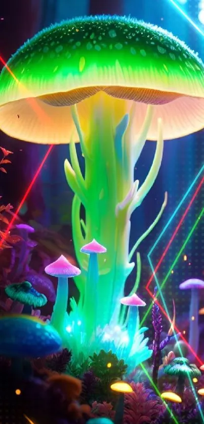 Glowing vibrant mushrooms in a fantasy forest setting.