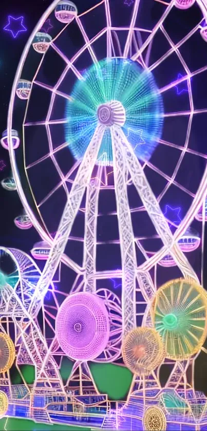 Neon ferris wheel glowing at night with fantasy art elements.