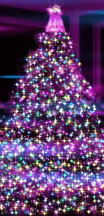 Festive Christmas tree with colorful lights glowing in purple hue.