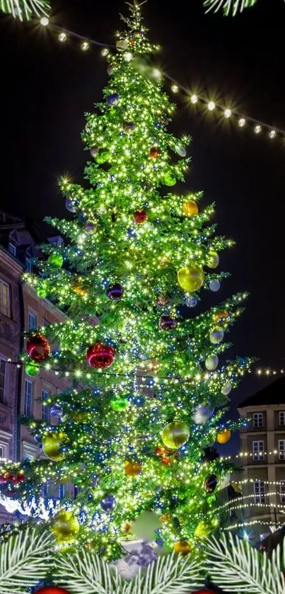 Bright Christmas tree with lights and baubles in a festive city setting.