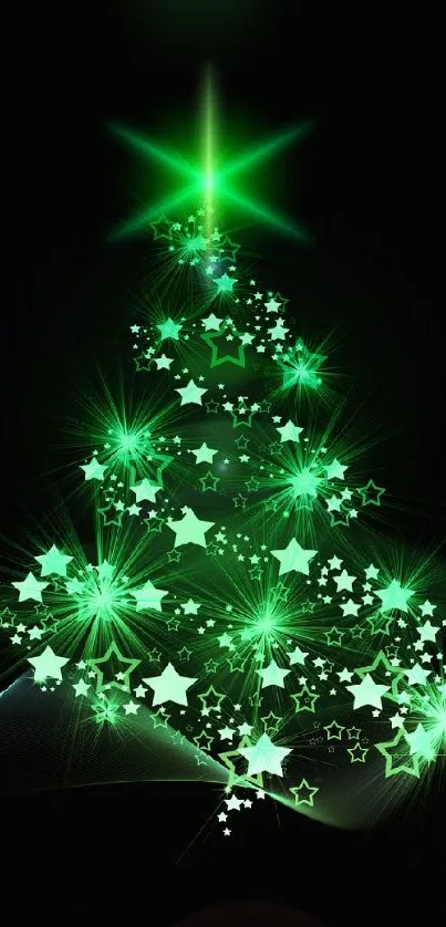 Glowing green Christmas tree on black background with star pattern.