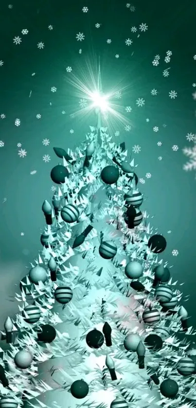 Festive teal Christmas tree with ornaments and snowflakes.