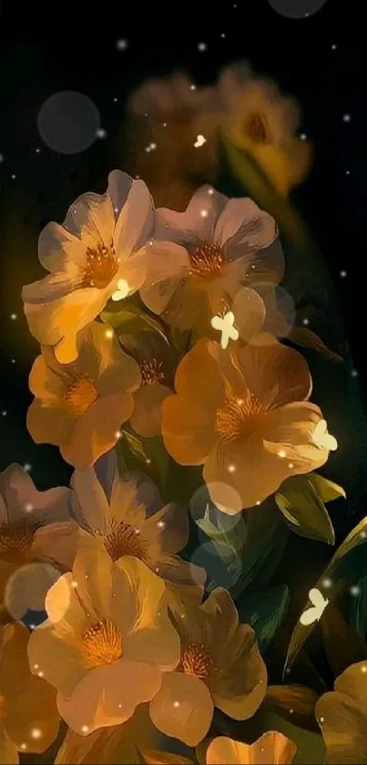 Mobile wallpaper with glowing amber flowers on dark background.