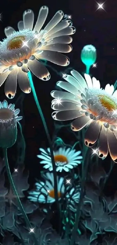 Glowing daisies on dark background wallpaper for mobile.