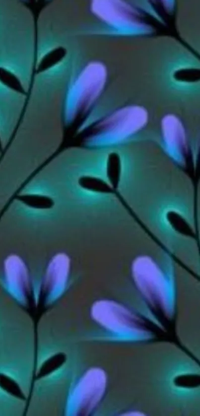 Mobile wallpaper with glowing purple flowers on a teal background.