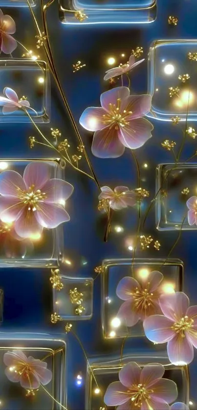 Glowing flowers on a blue background with light effects.