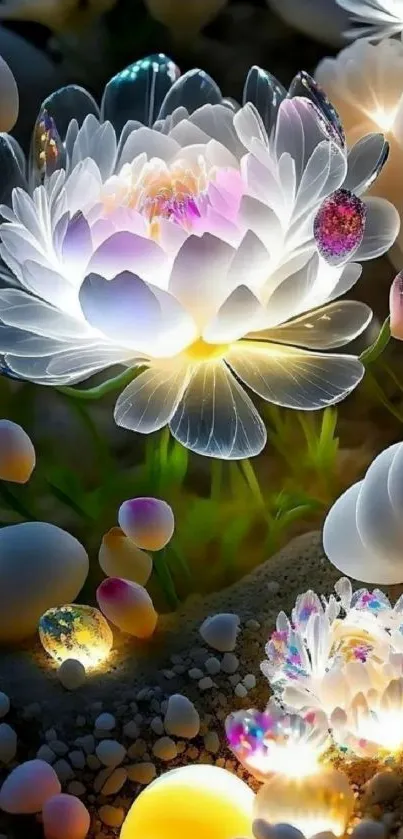 Glowing fantasy flowers in vibrant colors, creating a dreamlike mobile wallpaper.