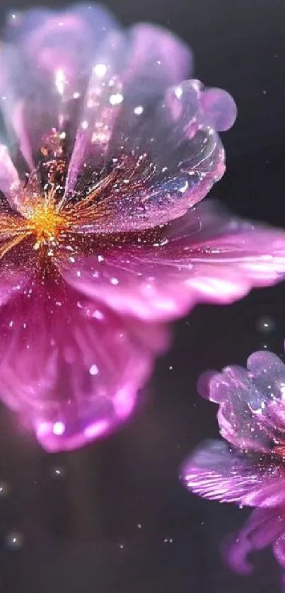 Ethereal glowing pink flowers on dark background.