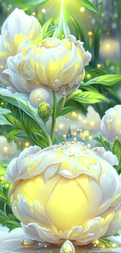 Enchanting white peonies with golden glow.