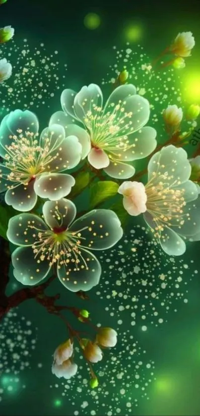 Glowing floral mobile wallpaper with green blooms and magical lights.