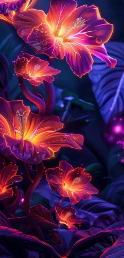 Glowing purple and orange flowers on a dark background.