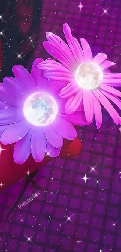 Hand holding glowing, neon flowers with sparkles on purple background.