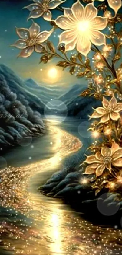 Fantasy scene with glowing flowers by a moonlit river.