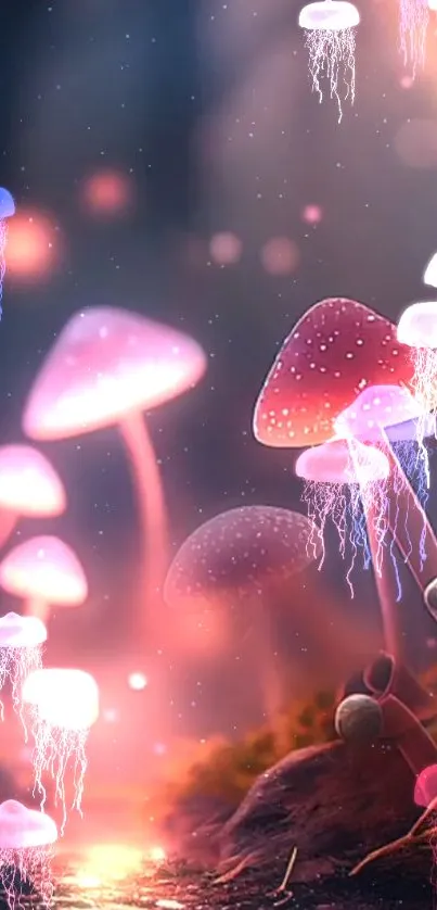 Fantasy wallpaper with glowing mushrooms and jellyfish in a colorful forest.