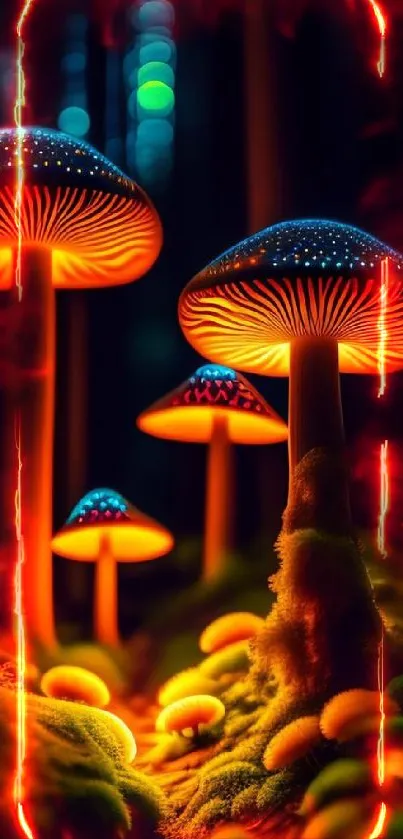 Luminous mushrooms glow in a dark, magical forest scene.