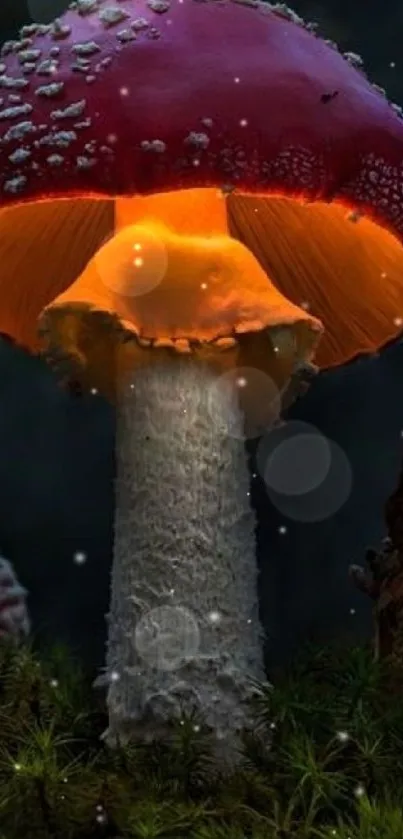 Vibrant glowing red mushroom under forest canopy at night.