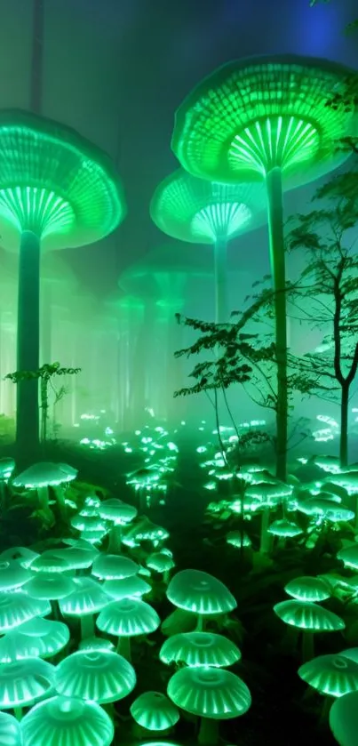 Surreal green glowing mushroom forest wallpaper.