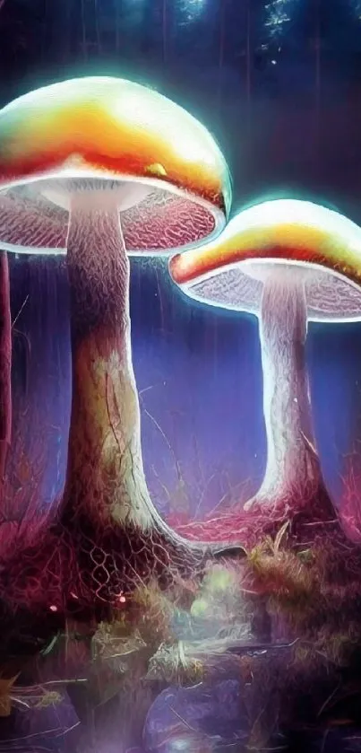 Mysterious glowing mushrooms in a dark forest scene wallpaper.