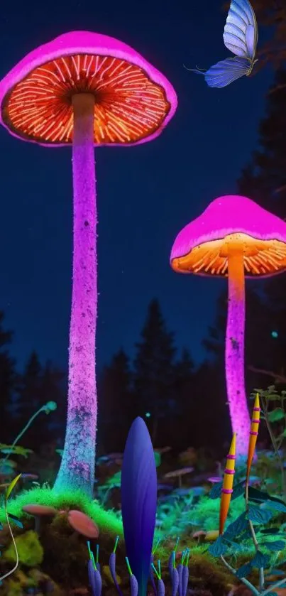Glowing neon mushrooms in a dark forest.