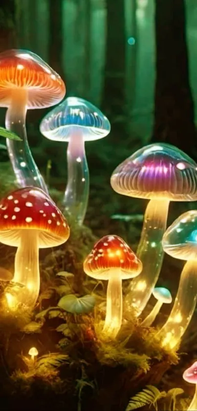 Vibrant glowing mushrooms in a mystical forest setting.
