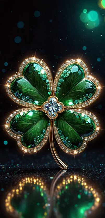 Vibrant glowing four-leaf clover on dark background with sparkles and elegant design.