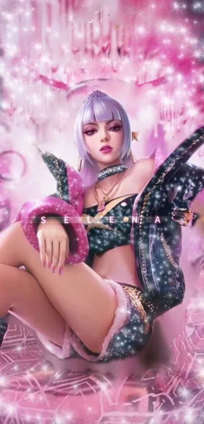 Anime character in a sparkling futuristic setting with pink hues.